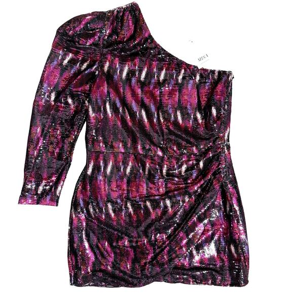 Misa Los Angeles  Nova One-Shoulder Sequin Minidress - Large Fuchsia Ikat $370 - Picture 2 of 11